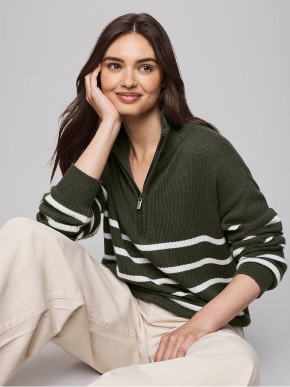 Splendid Olive and White Striped Half-Zip Sweater